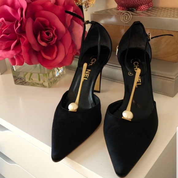 CHANEL Shoes - CHANEL Black Satin RARE Pearl Gold Metal sz 38.5